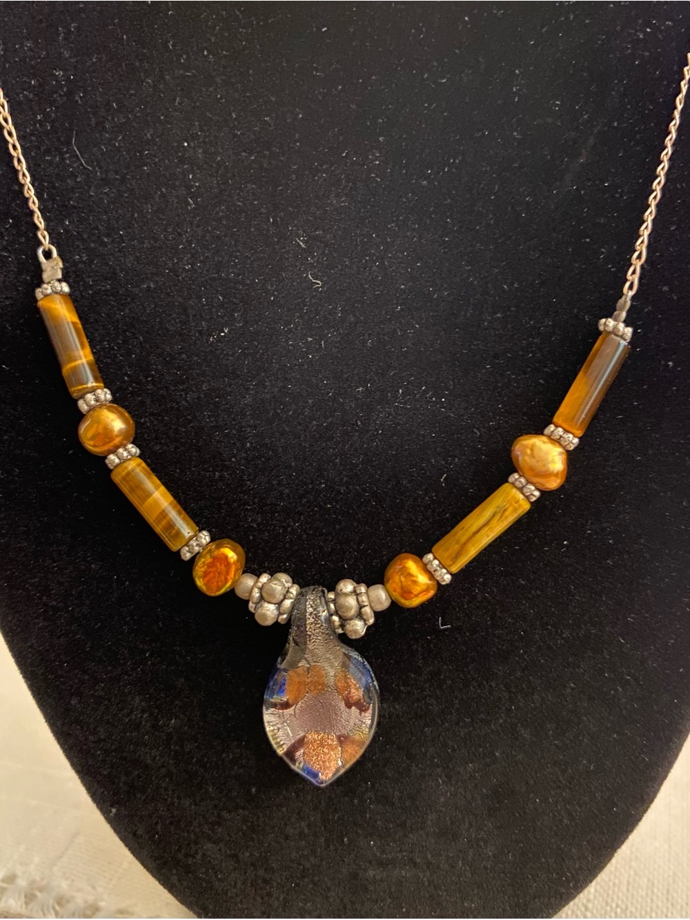 Sterling Silver Necklace With Iridescent ArtGlass Pendant